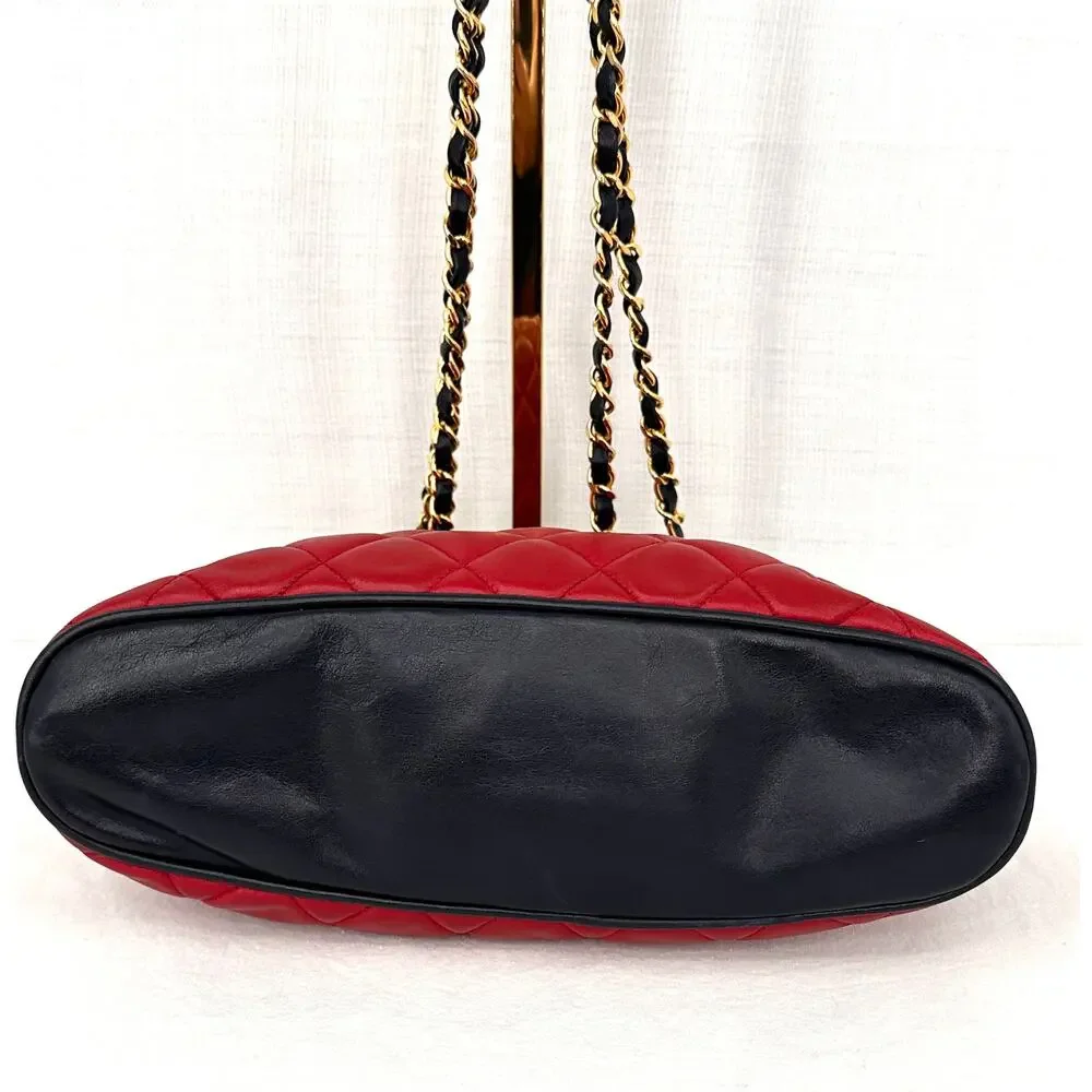 Vintage Chanel Bicolor Red Navy Quilted Lambskin Shoulder Bag Gold CC Charm